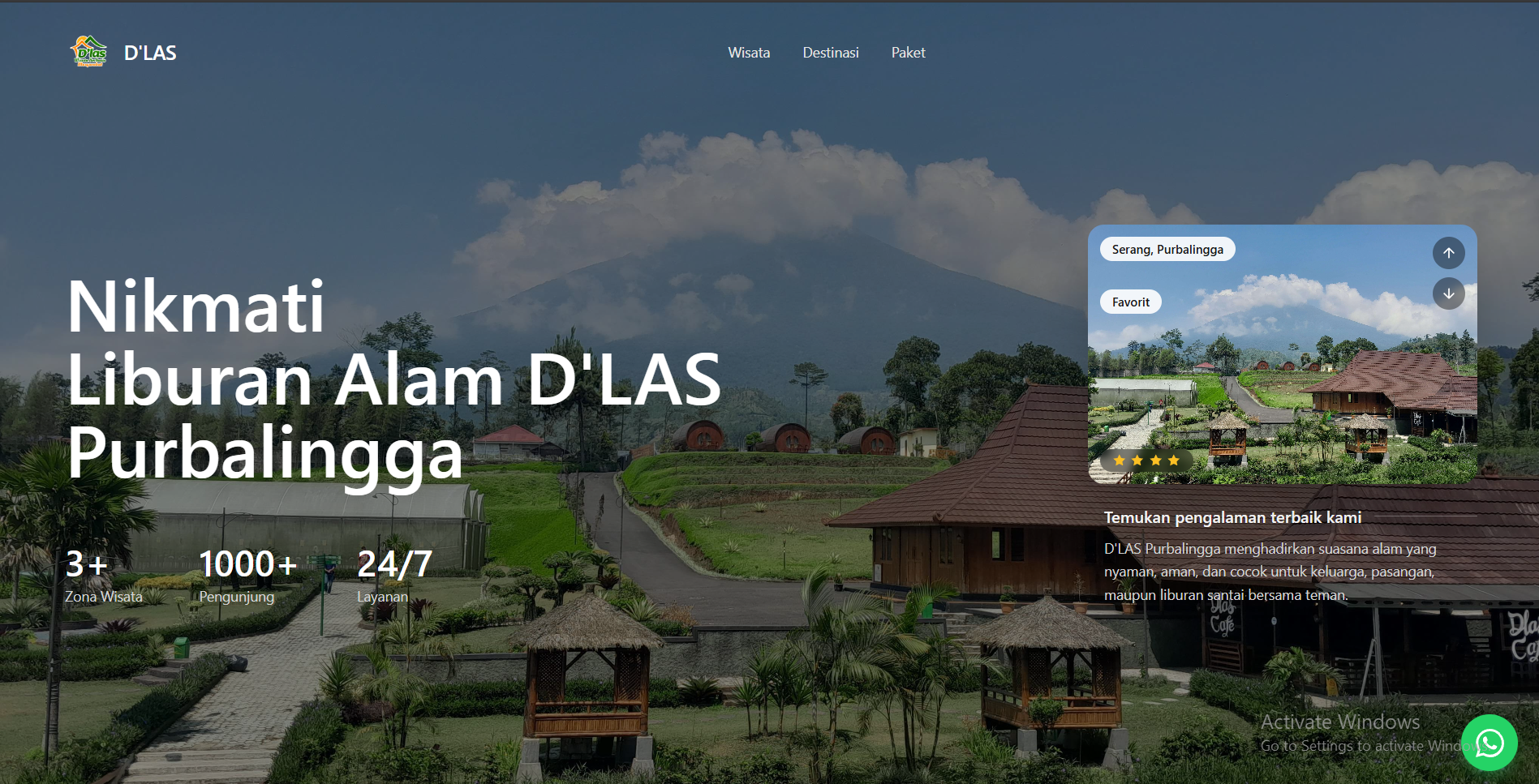 Landing page D'Las destinasi wisata keluarga di Purbalingga